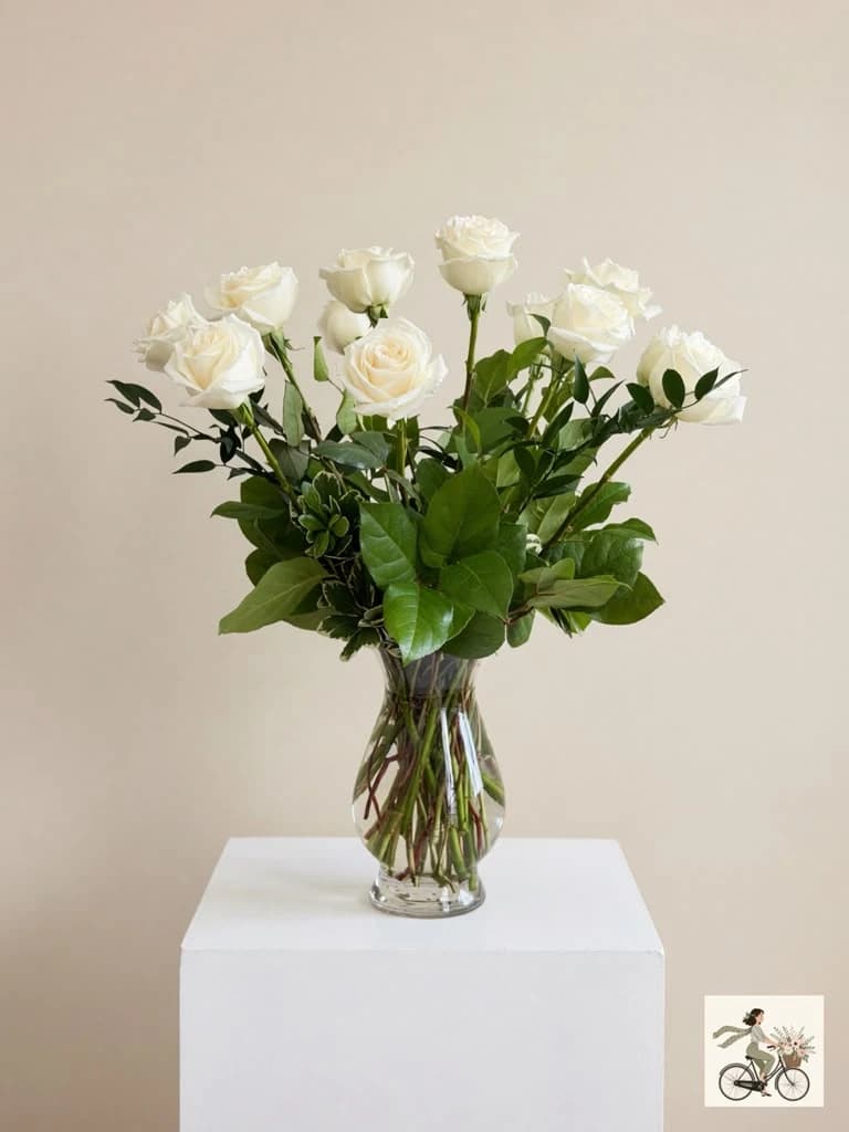 Refined, luminous, and quietly unforgettable. Twelve premium long-stemmed white roses, each selected by hand for its flawless ivory petals and perfectly formed bloom, are composed by our lead designer into an arrangement of effortless elegance. Accented with lush, garden-inspired greenery and finished with our signature wrap or a hand-chosen vase, this is a gift that speaks with grace: of devotion, of new beginnings, of remembrance, of love that needs no explanation. Designed and hand-delivered by The Concord Flower Shop.