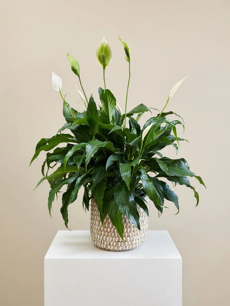 Peace Lily potted in a hand-coiled seagrass basket with cream cotton stitching. Thrives in indirect light and forgives the occasional missed watering. Water when leaves droop.