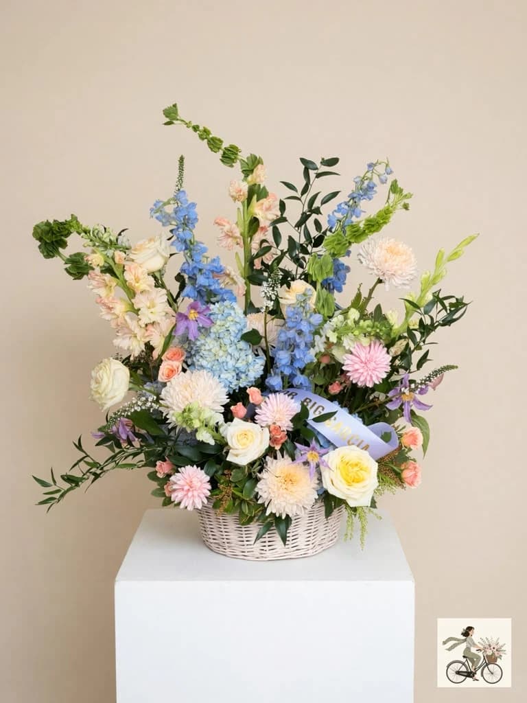 A timeless floor-standing tribute. This gentle pastel arrangement provides a comforting, elegant presence perfectly suited for a church altar or funeral home viewing.