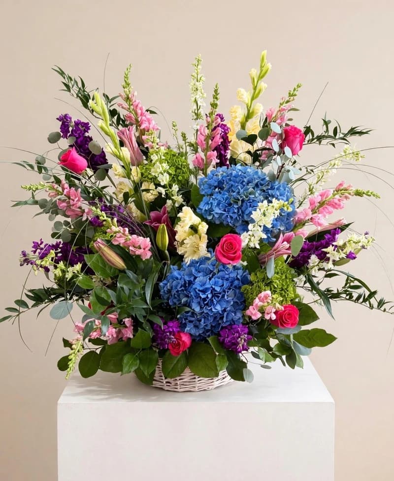 A heartfelt arrangement of elegant blooms and lush greenery, gathered in a classic basket to offer comfort and honor a life well lived. Perfect for the service, or a celebration of life. Colors can be customized to reflect your loved one’s personality or favorite hues.
