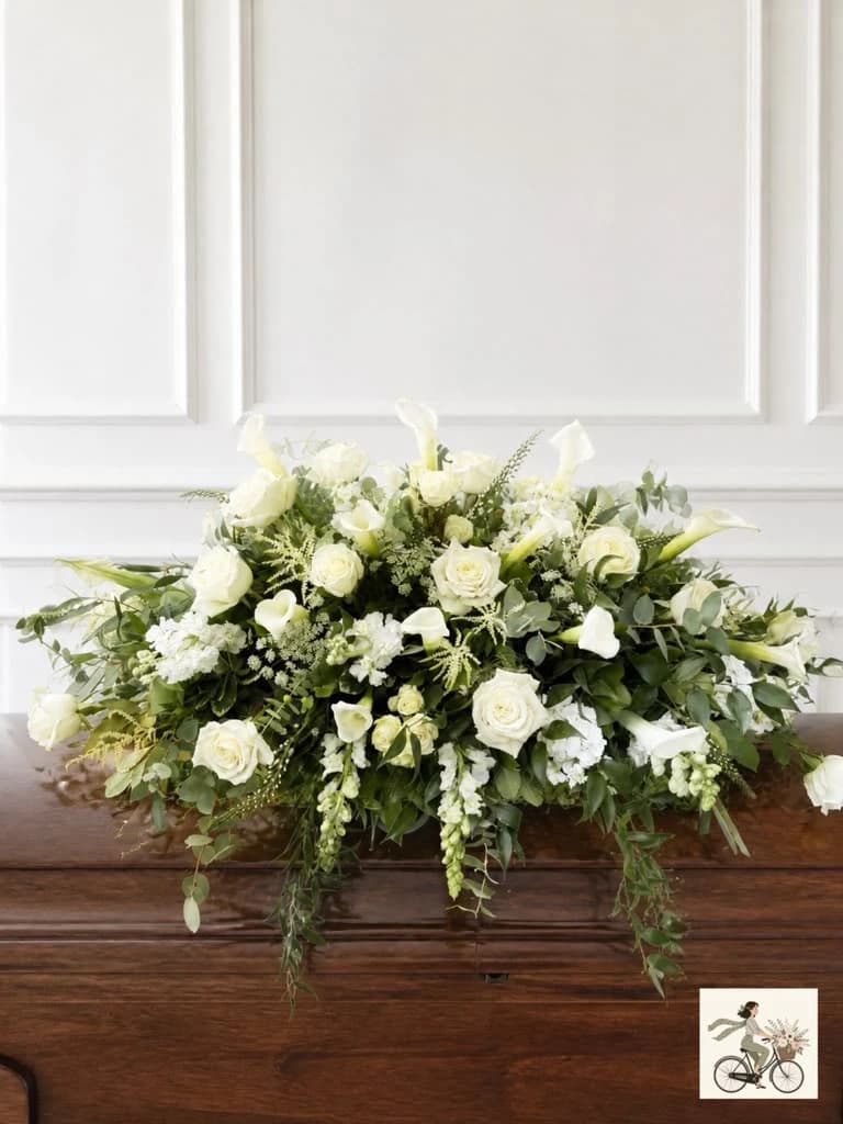 Pure white flowers and lush greens in a timeless expression of remembrance. A lovely combination of white flowers and foliage for the casket of a loved one.