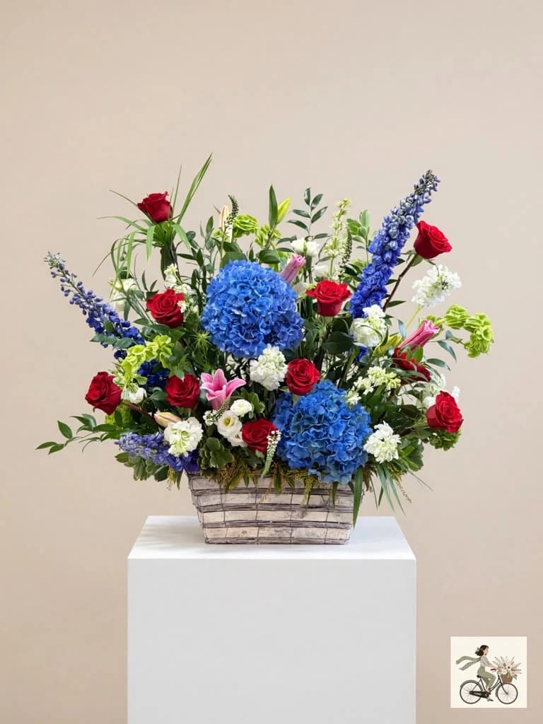 This powerful red, white, and blue palette offers a comforting, respectful presence that is perfectly suited to honor a veteran, civil servant, or dedicated patriot at a memorial service or church altar.