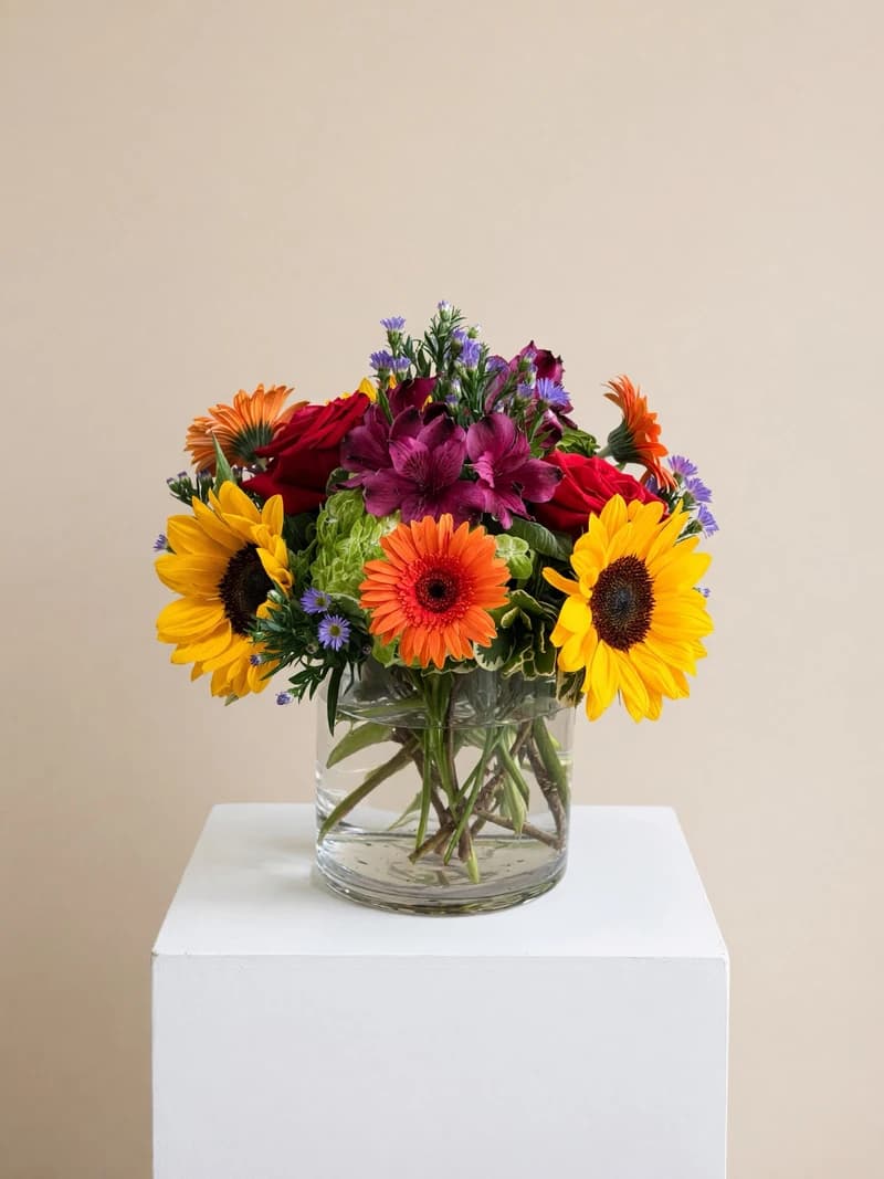 Inspired by that magical moment when the sun melts into the horizon, Golden Hour wraps warm, glowing blooms in touches of deep purple and lush greenery.