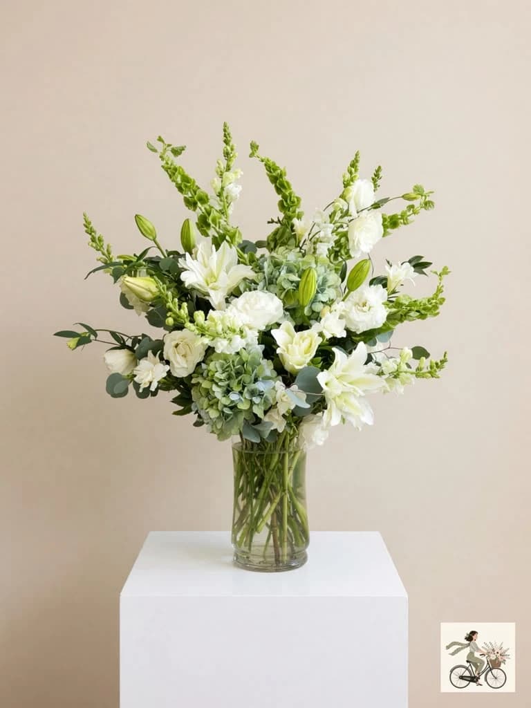 A soft, calming palette of white blooms and delicate blue accents, gathered in an airy, garden-style design. Tall and full, this arrangement makes a striking statement piece — perfect for elevating any space with quiet elegance.