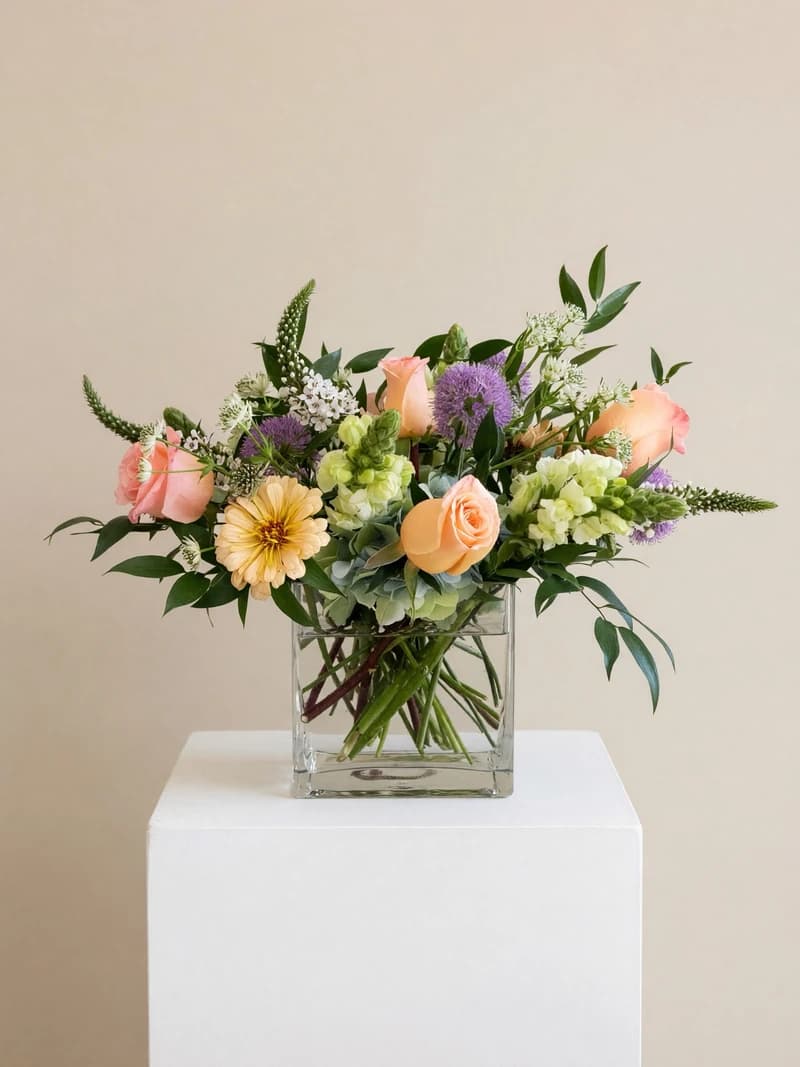 Soft peach, blush, and lavender tones blend with creamy whites and pale greens in Pastelo, an airy, garden-style design. Gentle spires and delicate little blooms add movement, while graceful greenery gives it a lush, natural shape. Arranged loosely in a clear square glass vase, it’s romantic and joyful.