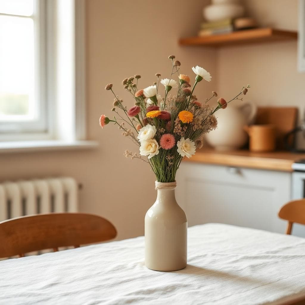 A bottle vase of mixed seasonal flowers on a kitchen table by a window.