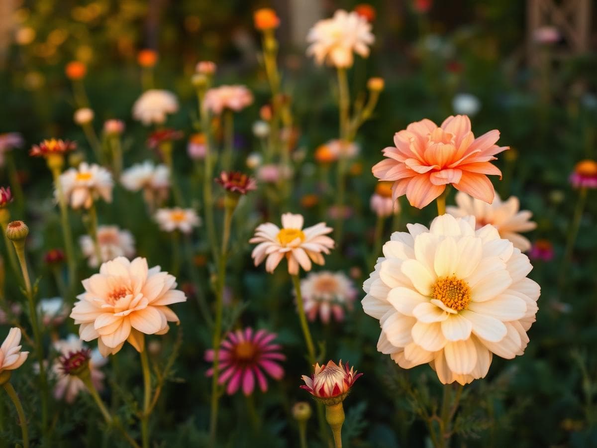 Peach and cream dahlias in a garden at dusk.