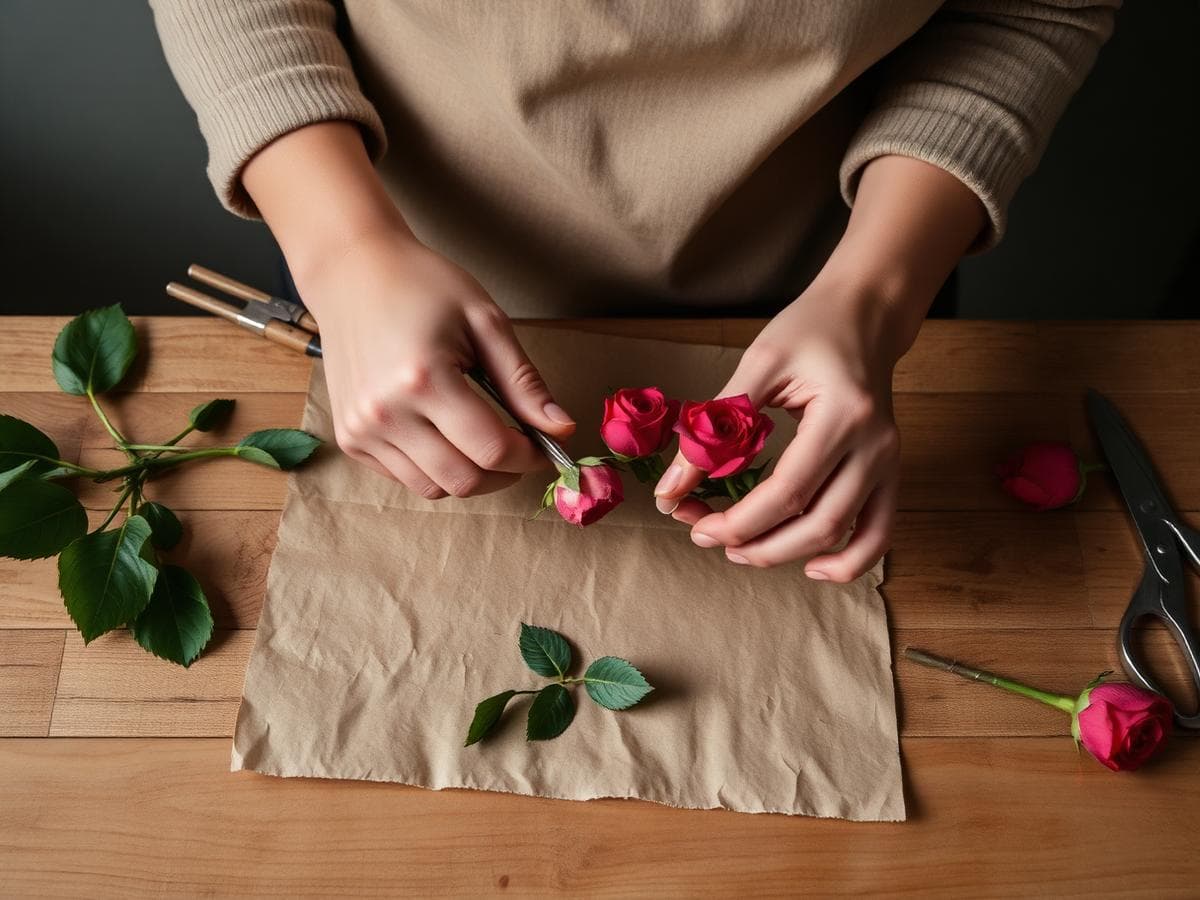 Hands trimming rose stems on a wooden workbench.