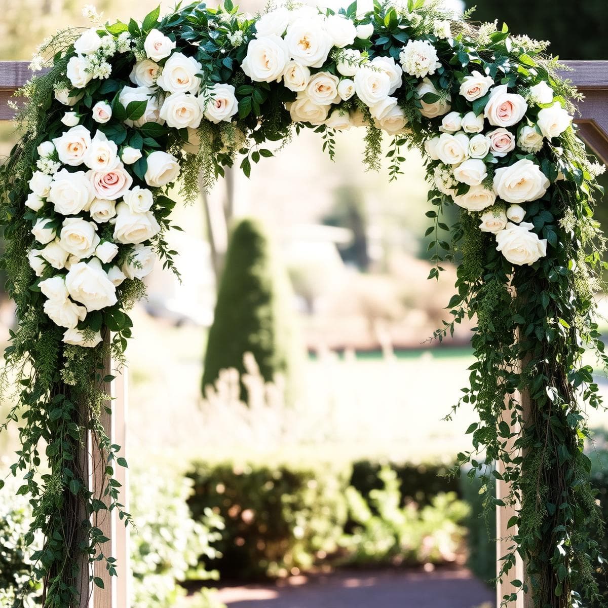 A garden arch covered in white and blush roses with trailing greenery.